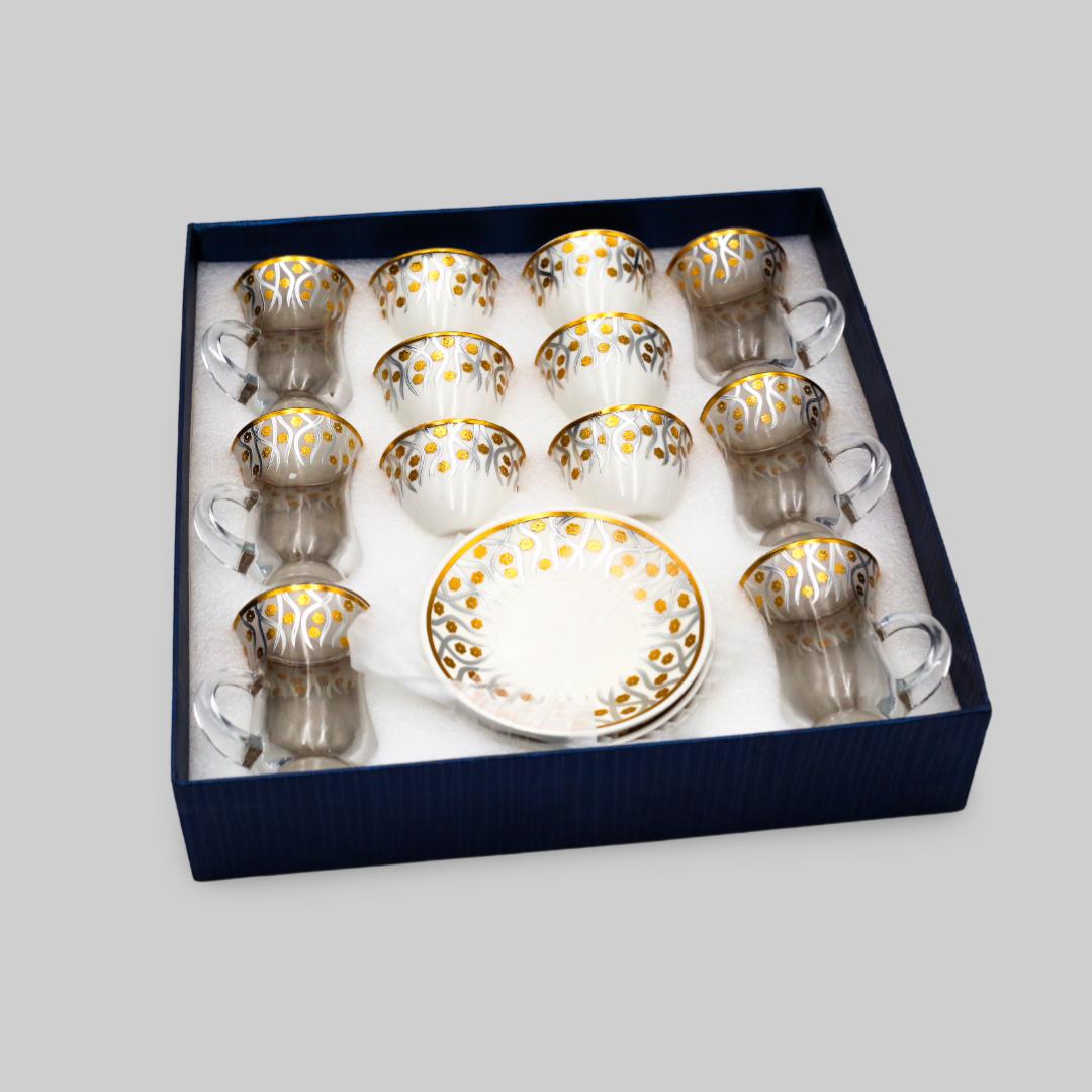 18Pcs Gold Flower Designed Glass Tea Cups With Cawa Set For 6 Person 880009132