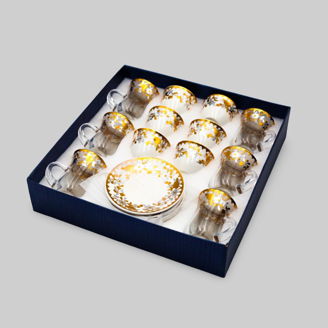 18Pcs Arabic Style Gold  Gray Designed Glass Tea Cups With Cawa Set Fo 880009134