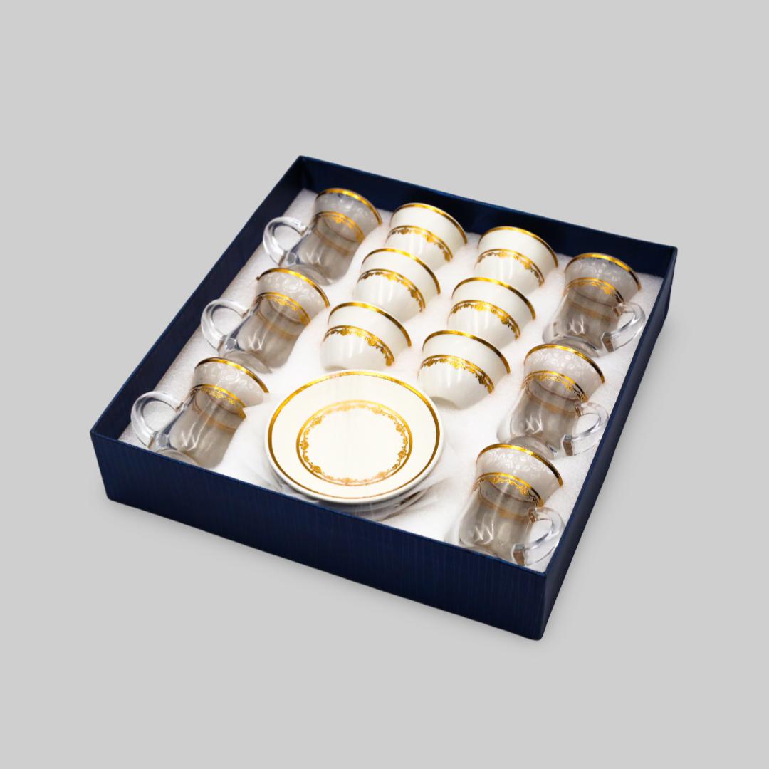 18Pcs Golden Designed Glass Tea Cups With Cawa Set For 6 Person 880009139