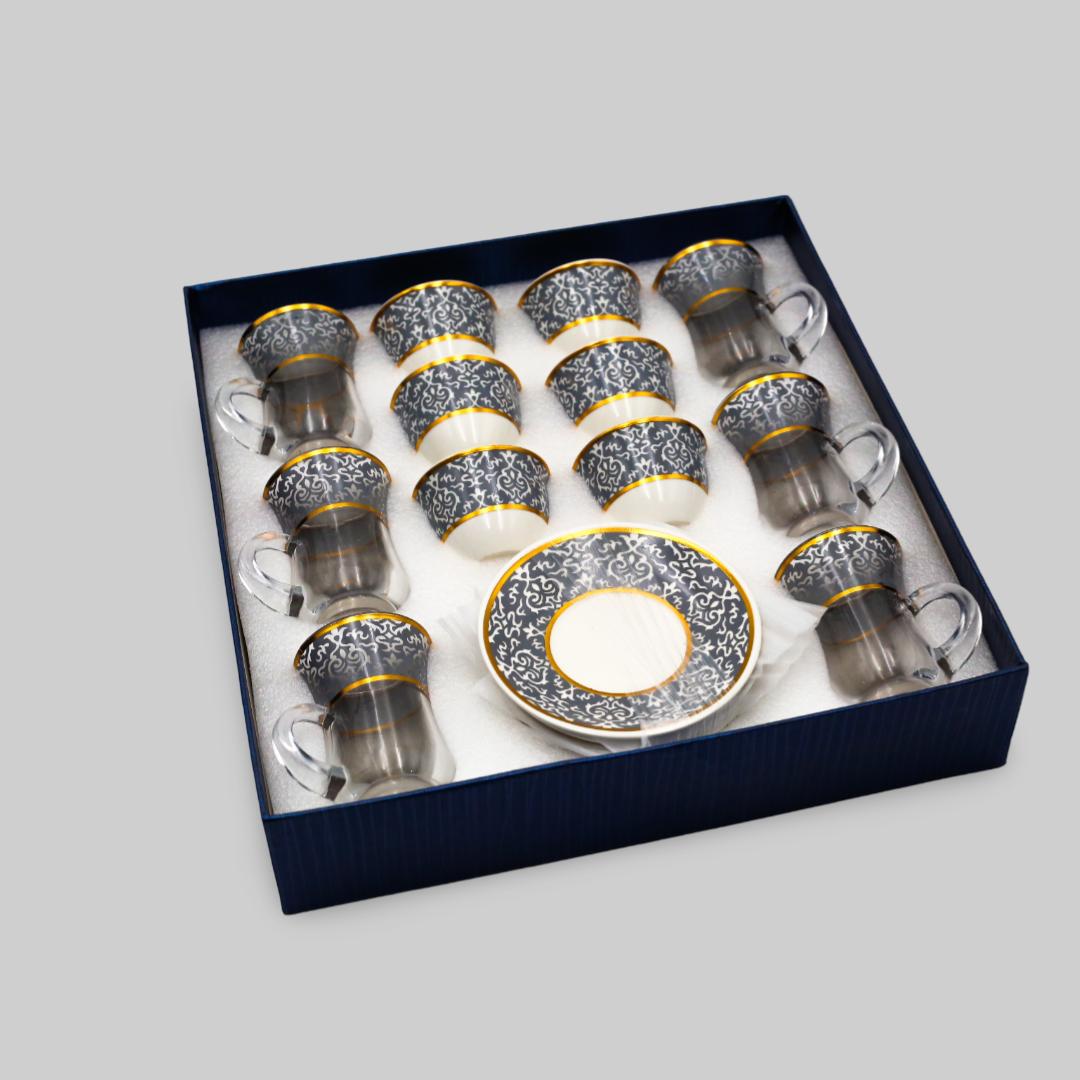 18Pcs Gray Designed Glass Tea Cups With Cawa Set For 6 Person 880009140